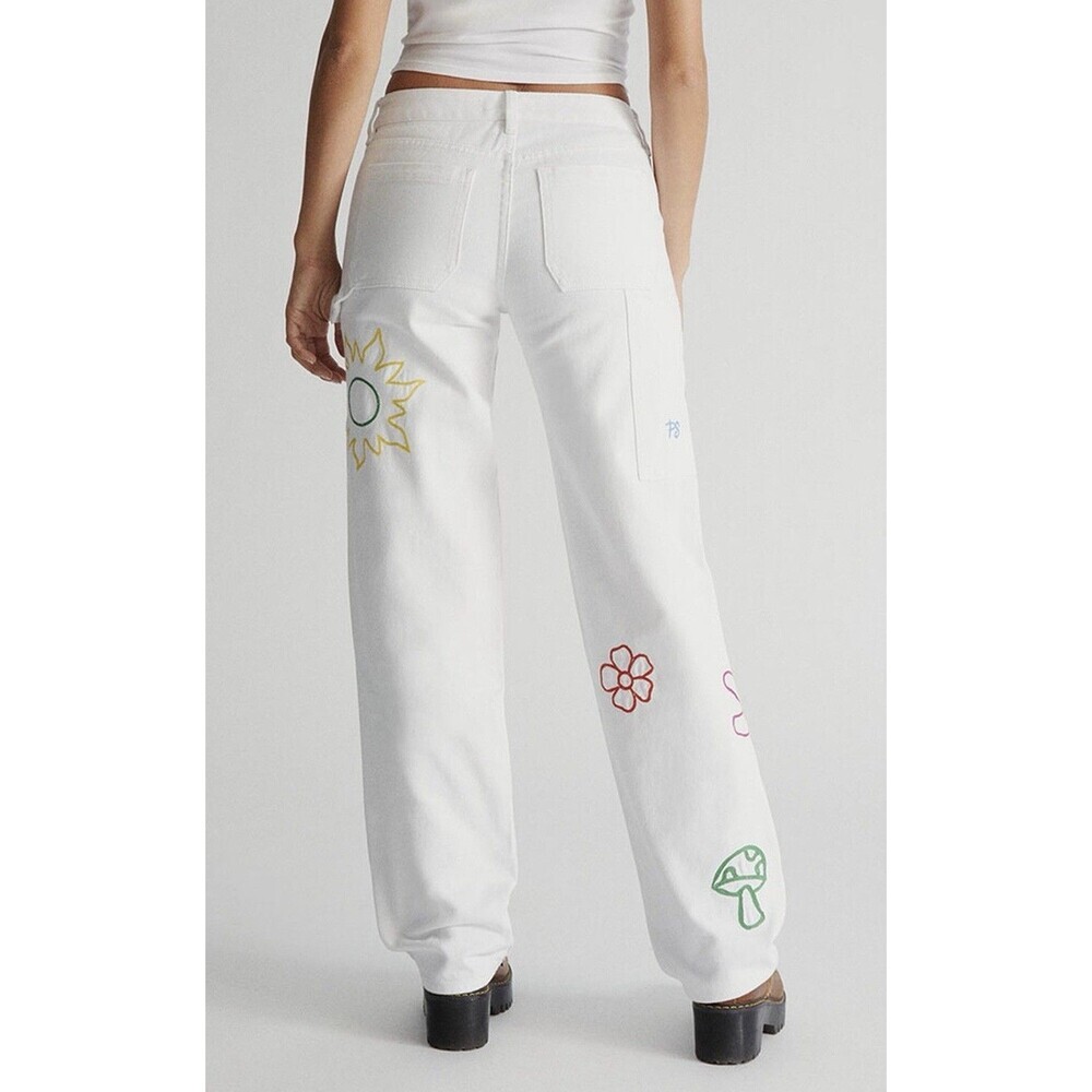 PacSun Women's Low Rise Carpenter Pants Size 22 Embroidered White Cotton - Picture 2 of 12